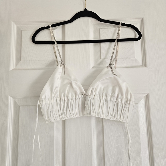Zara White Bralette with Silver Straps Bow Chain Details - Picture 1 of 5